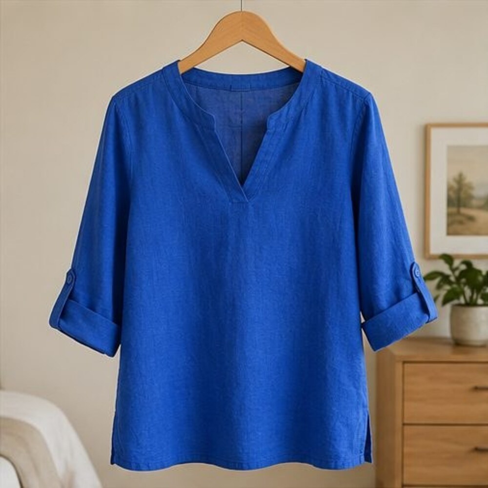 Cobalt Linen Notch Neck Blouse